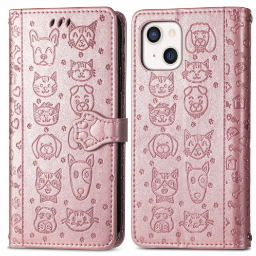 Coque en cuir horizontal horizontal de chat et de chien mignon avec porte-cartes et portefeuille et portefeuille pour iPhone 13 (or rose) SH003B467-07