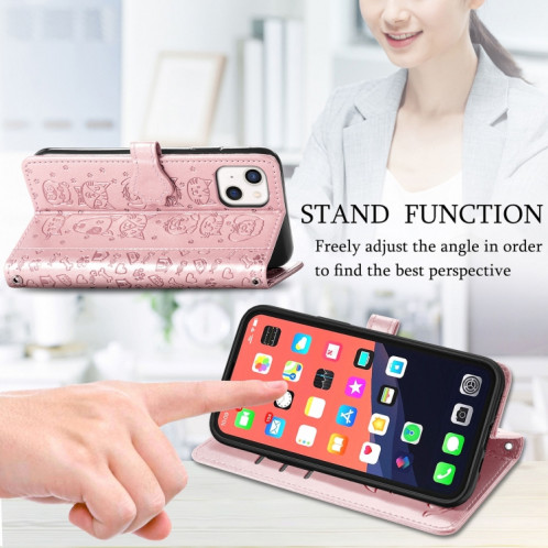 Coque en cuir horizontal horizontal de chat et de chien mignon avec porte-cartes et portefeuille et portefeuille pour iPhone 13 (or rose) SH003B467-07