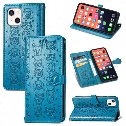 Étui de cuir horizontal horizontal de chat et de chien mignon avec support et portefeuille et portefeuille pour iPhone 13 (bleu) SH003C1643-07