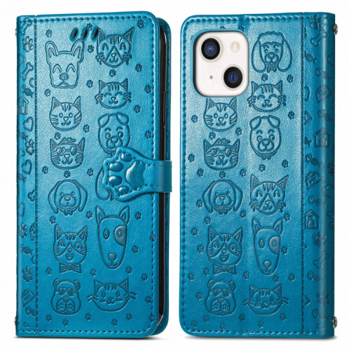 Étui de cuir horizontal horizontal de chat et de chien mignon avec support et portefeuille et portefeuille pour iPhone 13 (bleu) SH003C1643-07