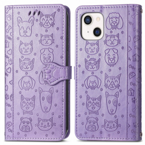 Étui de cuir horizontal horizontal de chat et de chien mignon avec support et carte de portefeuille et portefeuille et longe pour iPhone 13 (violet) SH003D650-07