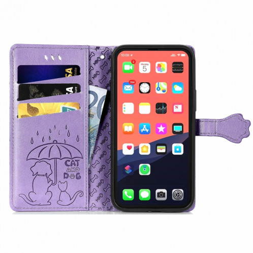 Étui de cuir horizontal horizontal de chat et de chien mignon avec support et carte de portefeuille et portefeuille et longe pour iPhone 13 (violet) SH003D650-07