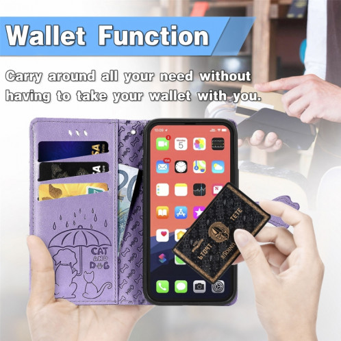 Étui de cuir horizontal horizontal de chat et de chien mignon avec support et carte de portefeuille et portefeuille et longe pour iPhone 13 (violet) SH003D650-07