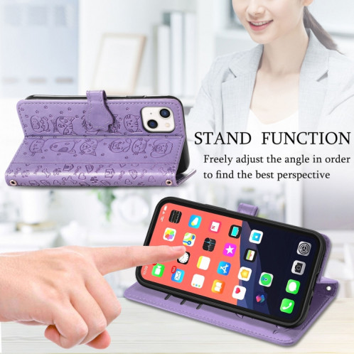 Étui de cuir horizontal horizontal de chat et de chien mignon avec support et carte de portefeuille et portefeuille et longe pour iPhone 13 (violet) SH003D650-07