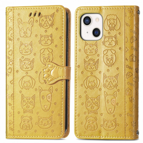 Coque jolie chat et chien enduit horizontal horizontal boîtier avec support et machine à sous de carte et portefeuille et longe pour iPhone 13 (jaune) SH003E1657-07