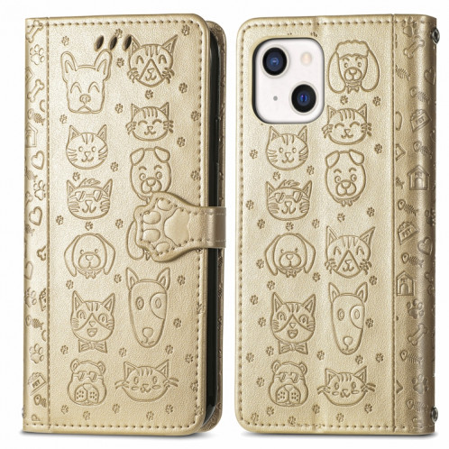 Étui de cuir horizontal horizontal de chat et de chien mignon avec support et portefeuille de cartes et portefeuille et longe pour iPhone 13 (or) SH003F924-07