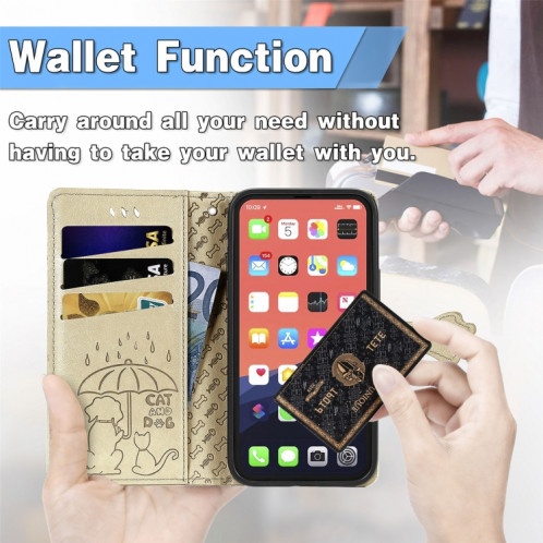 Étui de cuir horizontal horizontal de chat et de chien mignon avec support et portefeuille de cartes et portefeuille et longe pour iPhone 13 (or) SH003F924-07