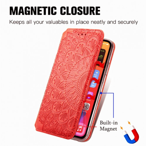 Pour iPhone 13 Pro Blooma Mandala Motif en relief Motif horizontal horizontal Horizontal Housse avec support & Card Slots & Portefeuille (rouge) SH102D262-08