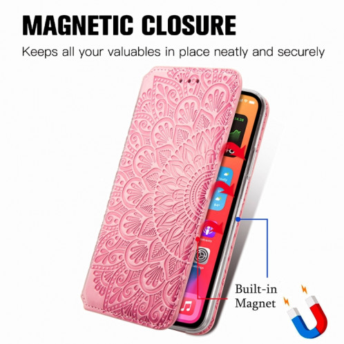 Pour iPhone 13 Bloomer Mandala Motif en relief Motif Horizontal Horizontal Horizontal Boîtier avec porte-carte et portefeuille (rose) SH103C1201-08