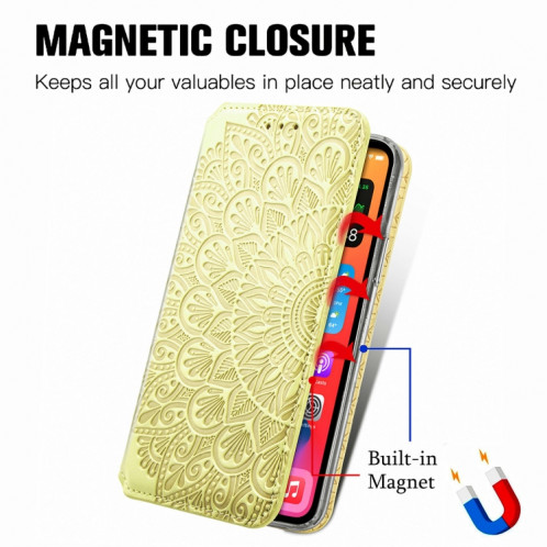 Pour iPhone 13 Blooma Mandala Motif en relief Motif horizontal Horizontal Horizontal Boîtier avec porte-carte et portefeuille (jaune) SH103F1878-08