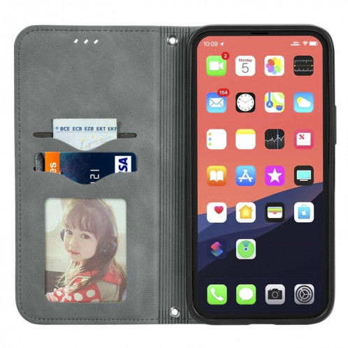 Pour iPhone 13, skin rétro Sentez l'étui en cuir horizontal horizontal professionnel avec support et carte de portefeuille et cadre photo (gris) SH203B1211-09