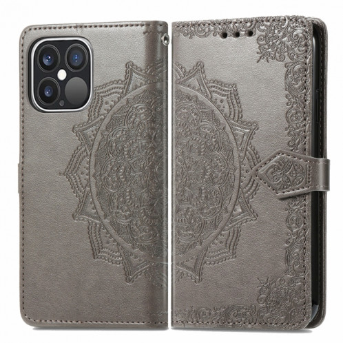 Horizon Horizontal Horizontal en relief de Mandala avec titulaire & Three Card Slots & Wallet & Lanière pour iPhone 13 Pro (gris) SH302E264-07