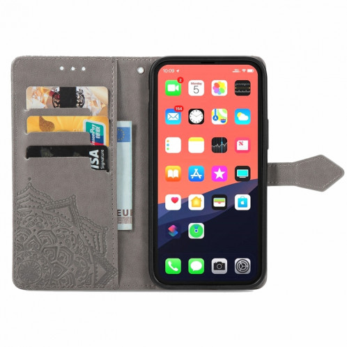 Horizon Horizontal Horizontal en relief de Mandala avec titulaire & Three Card Slots & Wallet & Lanière pour iPhone 13 Pro (gris) SH302E264-07