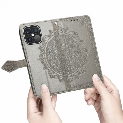 Horizon Horizontal Horizontal en relief de Mandala avec titulaire & Three Card Slots & Wallet & Lanière pour iPhone 13 Pro (gris) SH302E264-07