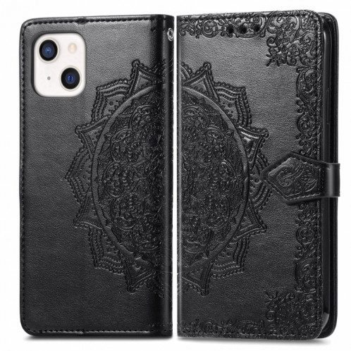 Horizon Horizontal horizontal en relief de Mandala avec support & Three Card Slots & Wallet & Lanière pour iPhone 13 (Noir) SH303A288-07