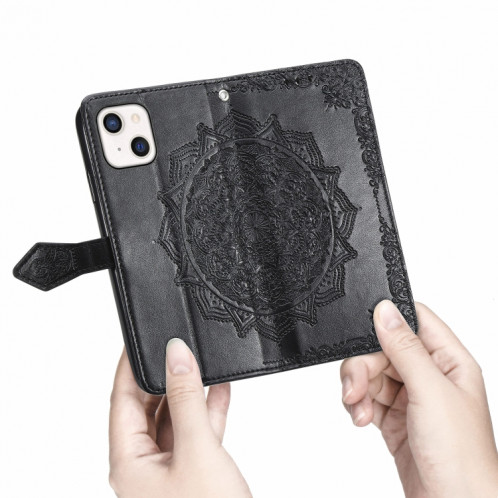 Horizon Horizontal horizontal en relief de Mandala avec support & Three Card Slots & Wallet & Lanière pour iPhone 13 (Noir) SH303A288-07