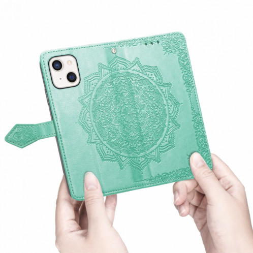 Mandala Flower Horizontal Horizontal Horizon Cuir Coffret avec support & Three Card Slots & Portefeuille et longe pour iPhone 13 (Vert) SH303C1072-07