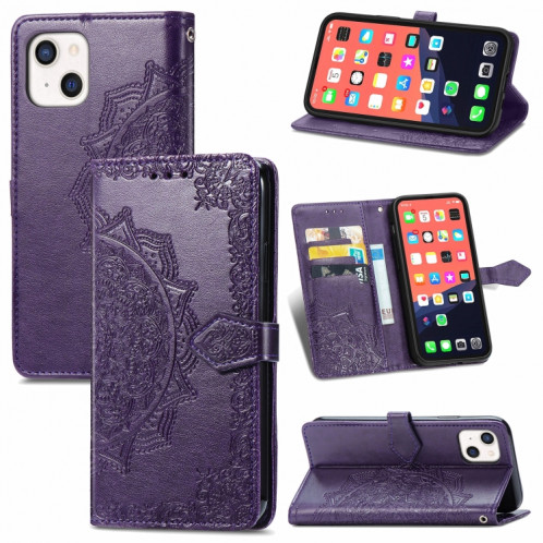 Horizon Horizontal Horizontal de Fleur Mandala avec support & Three Card Slots & Wallet & Lanière pour iPhone 13 (violet) SH303F356-07