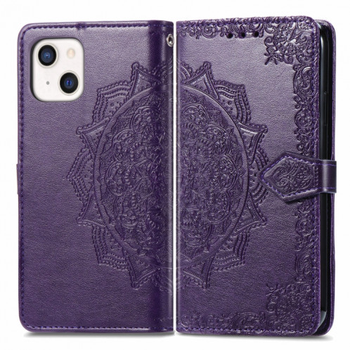 Horizon Horizontal Horizontal de Fleur Mandala avec support & Three Card Slots & Wallet & Lanière pour iPhone 13 (violet) SH303F356-07