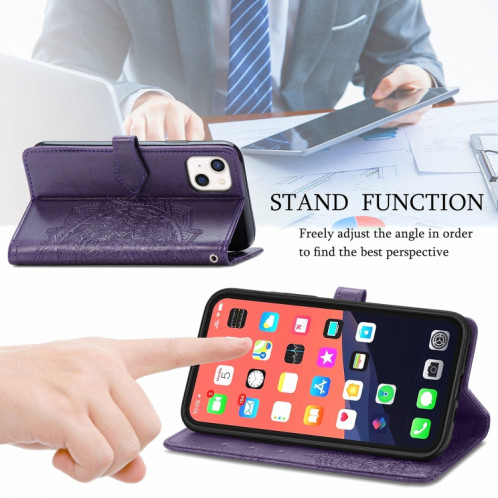 Horizon Horizontal Horizontal de Fleur Mandala avec support & Three Card Slots & Wallet & Lanière pour iPhone 13 (violet) SH303F356-07