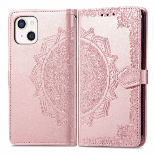 Coque en cuir horizontal horizontal à fleurs de Mandala avec support & trois fentes de cartes et portefeuille et longe pour iPhone 13 mini (or rose) SH304B118-07