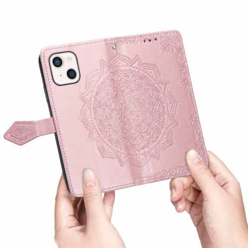 Coque en cuir horizontal horizontal à fleurs de Mandala avec support & trois fentes de cartes et portefeuille et longe pour iPhone 13 mini (or rose) SH304B118-07