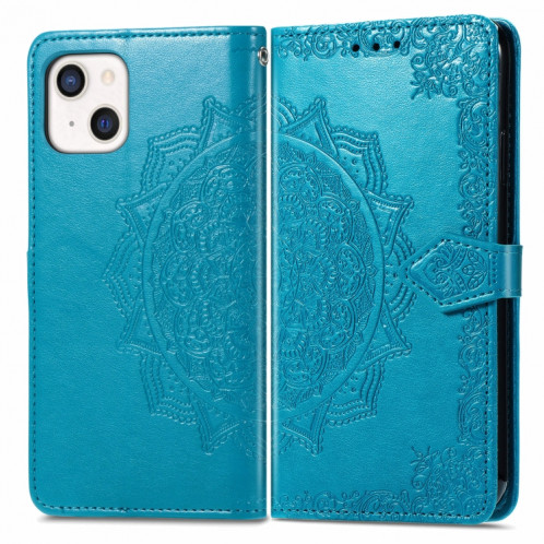 Horizon Horizontal horizontal en relief de Mandala avec support et portefeuille et portefeuille pour iPhone 13 mini (bleu) SH304D2-07