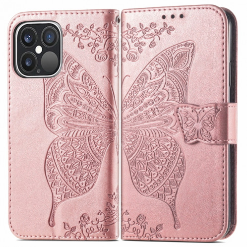 Coque horizontale horizontale à fleurs d'amour papillon avec support / porte-cartes / portefeuille / lanière pour iPhone 13 Pro (Rose Gold) SH802C356-07