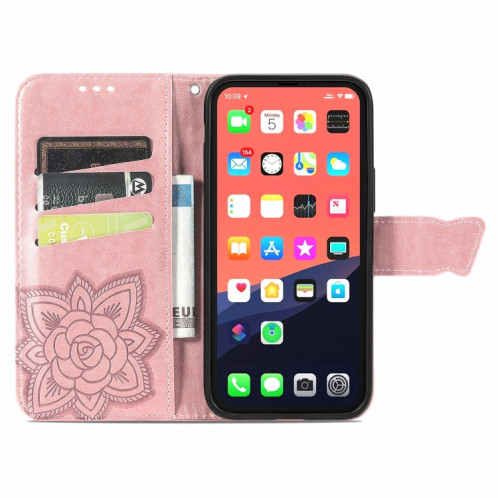 Coque horizontale horizontale à fleurs d'amour papillon avec support / porte-cartes / portefeuille / lanière pour iPhone 13 Pro (Rose Gold) SH802C356-07