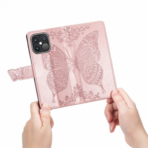 Coque horizontale horizontale à fleurs d'amour papillon avec support / porte-cartes / portefeuille / lanière pour iPhone 13 Pro (Rose Gold) SH802C356-07