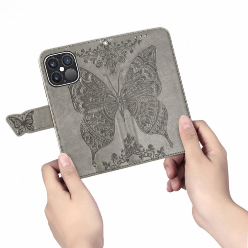 Boîtier à rabat horizontal horizontal en relief de papillon avec support / portefeuille / portefeuille pour iPhone 13 Pro (gris) SH802G1448-07