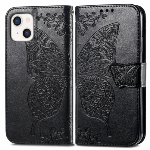 Coque en cuir horizontal horizontal à fleurs d'amour papillon avec support / portefeuille / portefeuille / lanière pour iPhone 13 (noir) SH803A1478-07