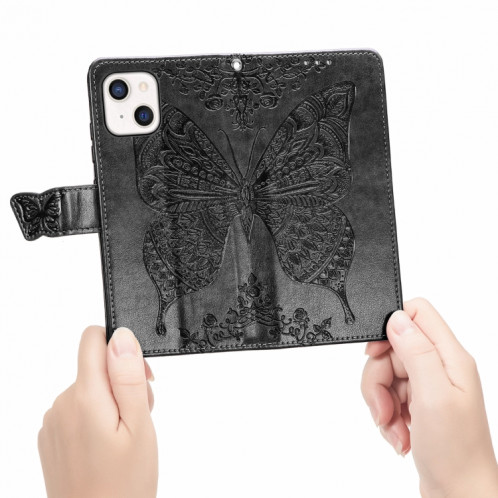 Coque en cuir horizontal horizontal à fleurs d'amour papillon avec support / portefeuille / portefeuille / lanière pour iPhone 13 (noir) SH803A1478-07
