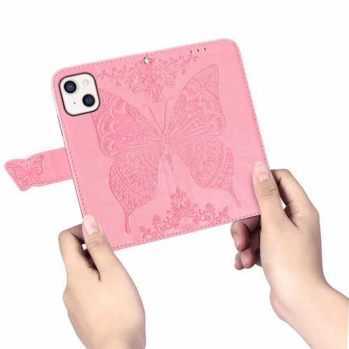 Boîtier à flip horizontal horizontal en relief de papillon avec support / portefeuille / portefeuille / lanière pour iPhone 13 (rose) SH803B1024-07