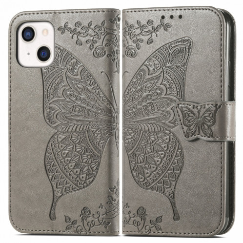Boîtier en cuir horizontal horizontal à fleur d'amour papillon avec support / portefeuille / portefeuille / lanière pour iPhone 13 (gris) SH803G568-07