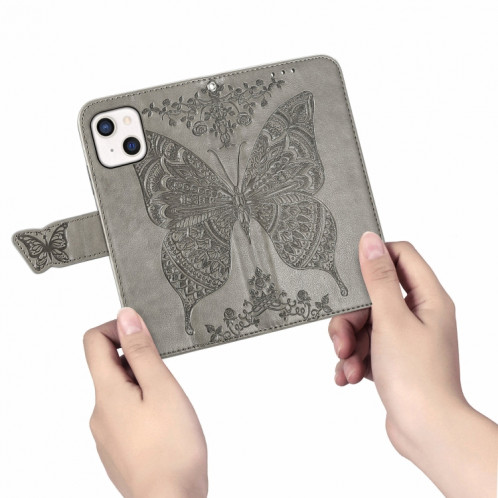 Boîtier en cuir horizontal horizontal à fleur d'amour papillon avec support / portefeuille / portefeuille / lanière pour iPhone 13 (gris) SH803G568-07