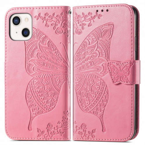 Boîtier en cuir horizontal horizontal à fleurs d'amour papillon avec support / portefeuille / portefeuille / lanière pour iPhone 13 mini (rose) SH804B342-07