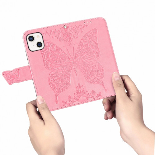 Boîtier en cuir horizontal horizontal à fleurs d'amour papillon avec support / portefeuille / portefeuille / lanière pour iPhone 13 mini (rose) SH804B342-07