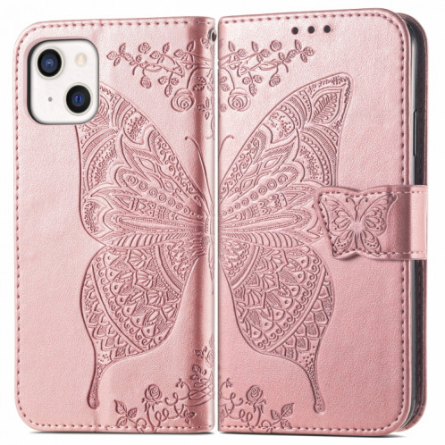 Boîtier en cuir horizontal horizontal à fleur d'amour papillon avec support / portefeuille / portefeuille / lanière pour iPhone 13 mini (or rose) SH804C1162-07