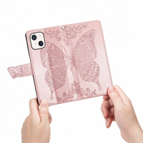 Boîtier en cuir horizontal horizontal à fleur d'amour papillon avec support / portefeuille / portefeuille / lanière pour iPhone 13 mini (or rose) SH804C1162-07