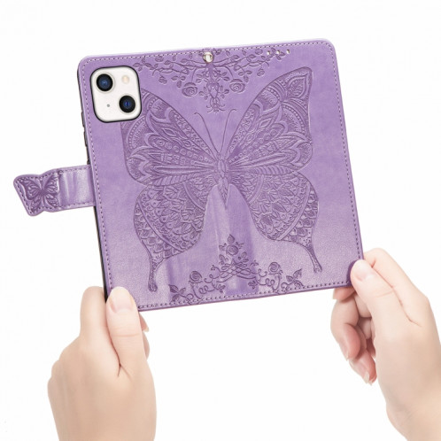 Coque en cuir horizontal horizontal à fleur d'amour papillon avec support / portefeuille / portefeuille pour iPhone 13 mini (Violet léger) SH804E952-07