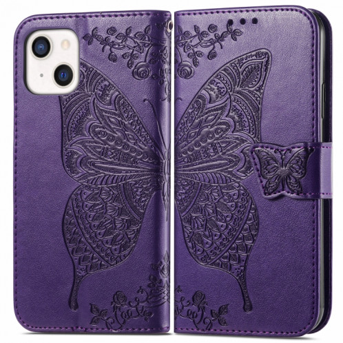 Boîtier en cuir horizontal horizontal à fleur d'amour papillon avec support / portefeuille / portefeuille / lanière pour iPhone 13 mini (violet foncé) SH804F275-07