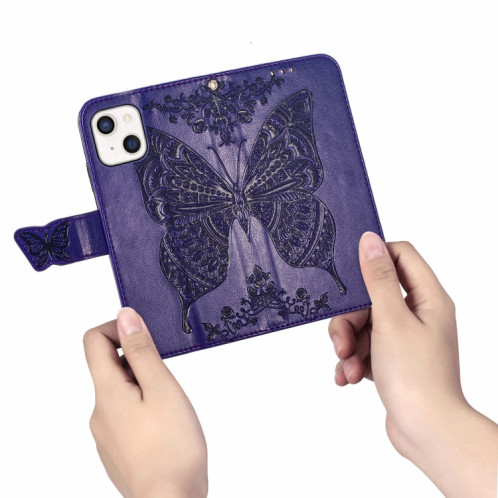 Boîtier en cuir horizontal horizontal à fleur d'amour papillon avec support / portefeuille / portefeuille / lanière pour iPhone 13 mini (violet foncé) SH804F275-07