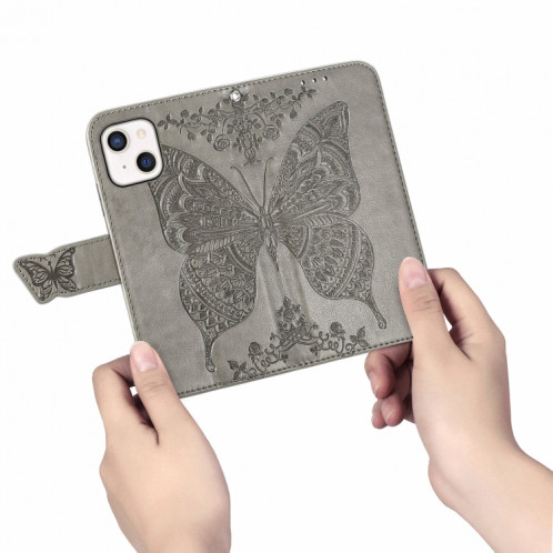 Boîtier en cuir horizontal horizontal à fleur d'amour papillon avec support / portefeuille / portefeuille / lanière pour iPhone 13 mini (gris) SH804G543-07