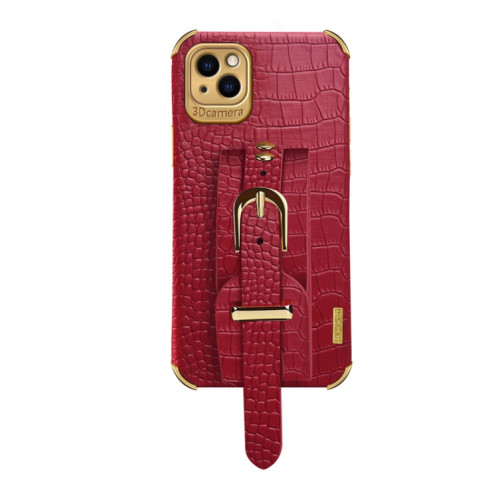 Étui en cuir de motif de crocodile TPU galvanoplié avec sangle de poignet pour iPhone 13 Pro (rouge) SH902B166-09
