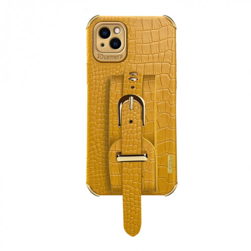 Étui en cuir de motif de crocodile TPU galvanoplié avec sangle de poignet pour iPhone 13 Pro (jaune) SH902C410-09
