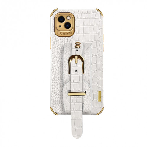 Étui en cuir à motif de crocodile TPU galvanoplié avec sangle de poignet pour iPhone 13 Pro (blanc) SH902E1596-09