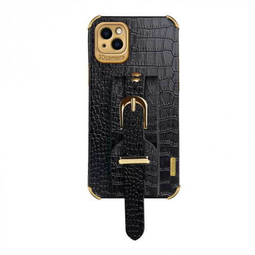 Étui en cuir à motif de crocodile TPU galvanoplié avec sangle de poignet pour iPhone 13 (noir) SH903A1903-09