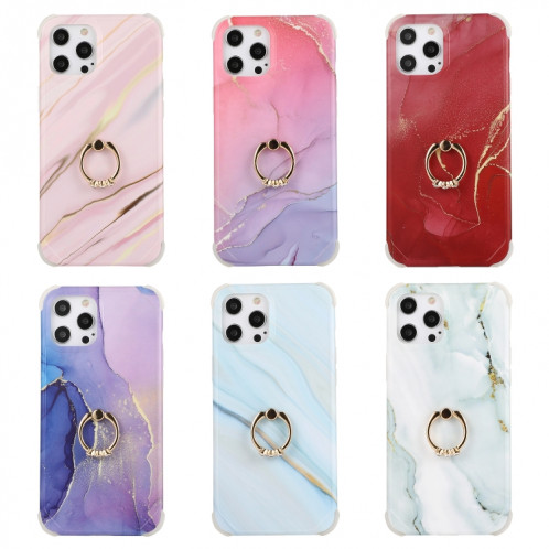 Étui de couverture arrière en marbre en marbre d'or de quatre coins à flux d'or avec anneau en strass en métal pour iPhone 13 Pro (rose) SH202E28-07