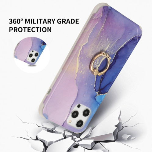 Housse de couverture arrière en marbre d'or de quatre coins de seconde coiffure avec une bague en strass en métal pour iPhone 13 Pro (Bleu foncé) SH202A1362-07